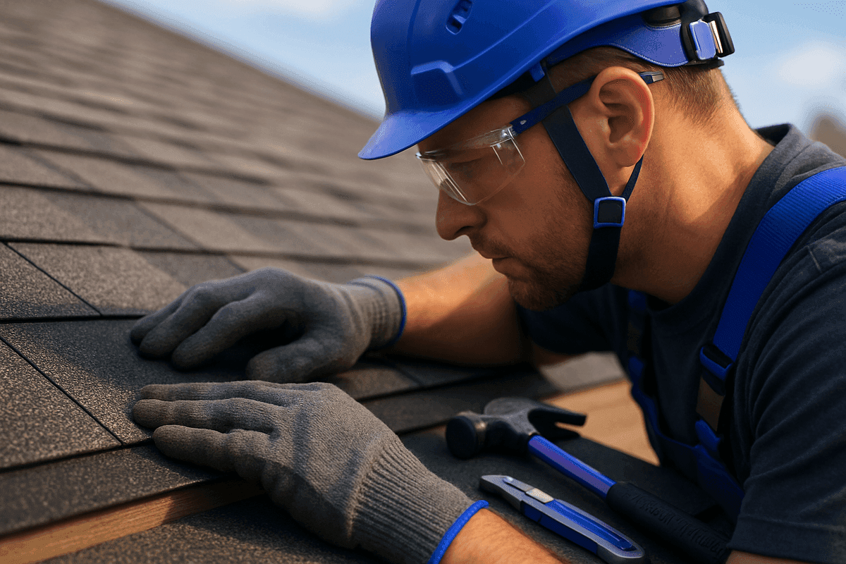 Close-up of gloved hands aligning dark asphalt shingles on a new residential roof with safety gear visible.