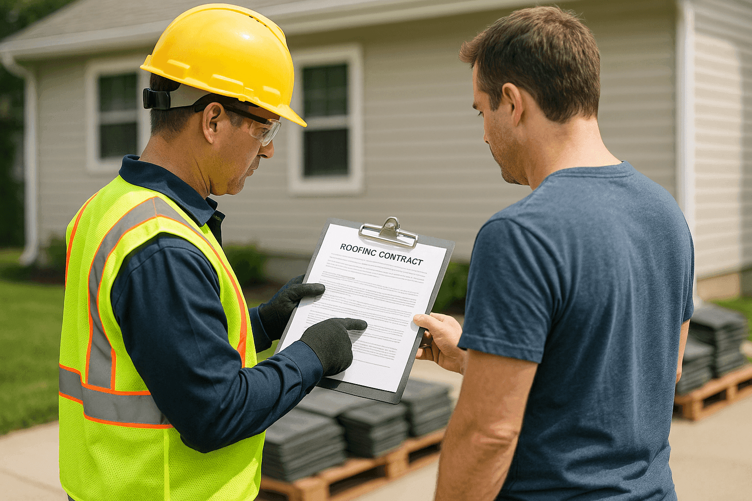 Homeowner reviewing roofing contract with contractor on clipboard