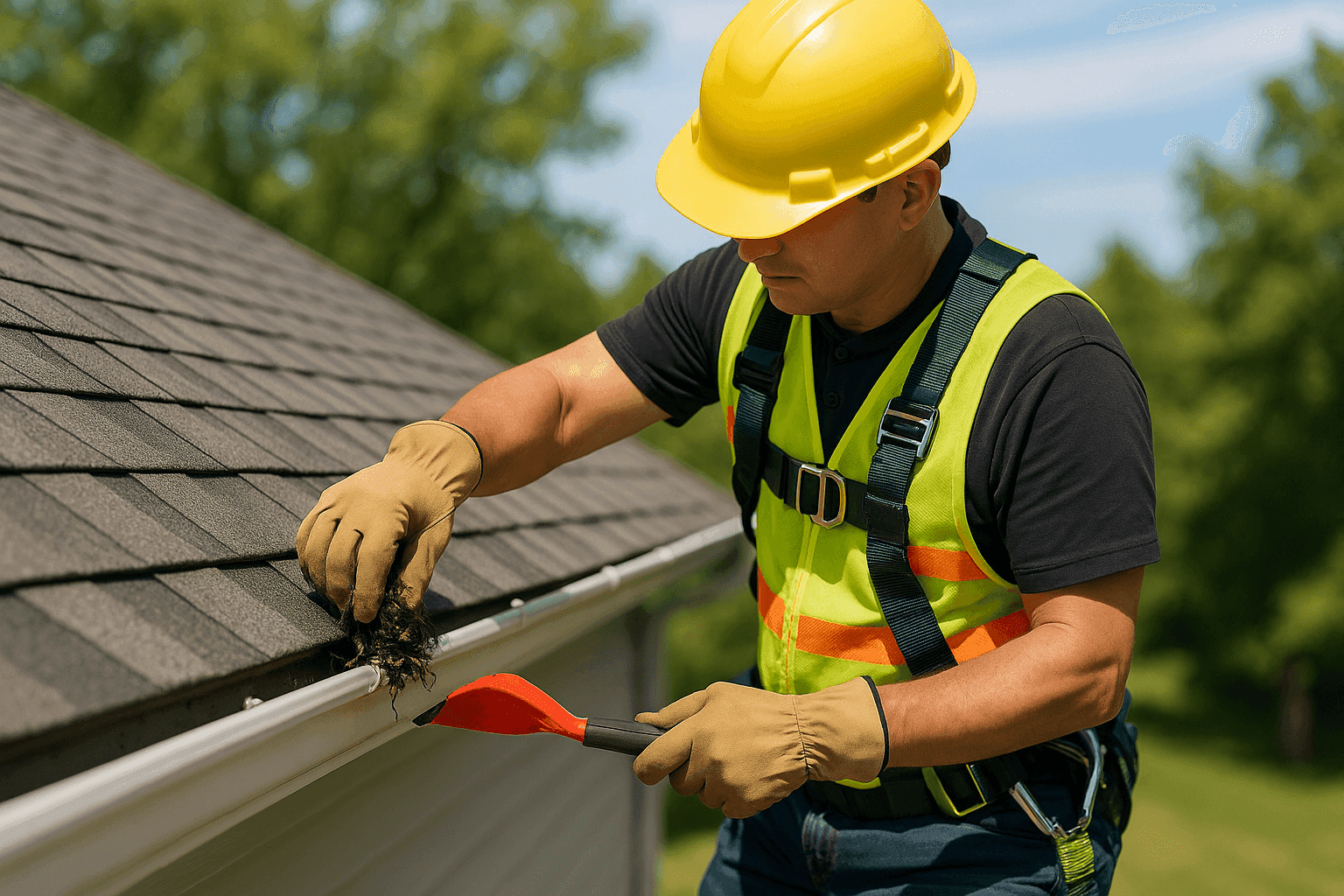 Technician clearing debris from residential gutter on sunny day