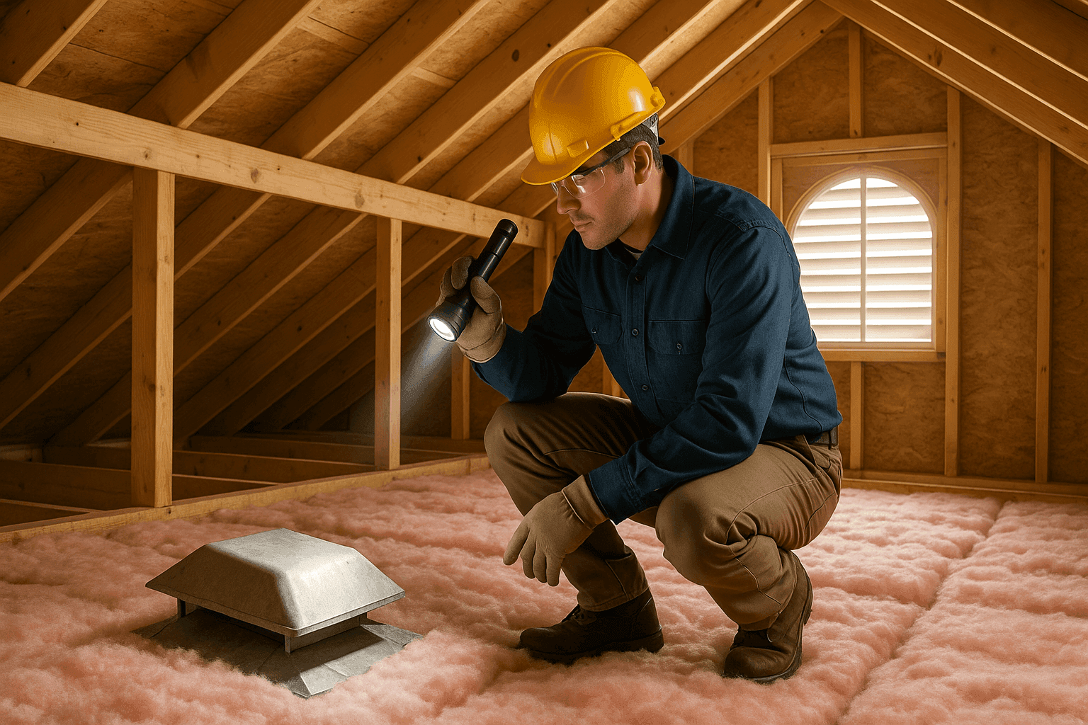 Technician inspecting attic insulation and roof vents in residential home
