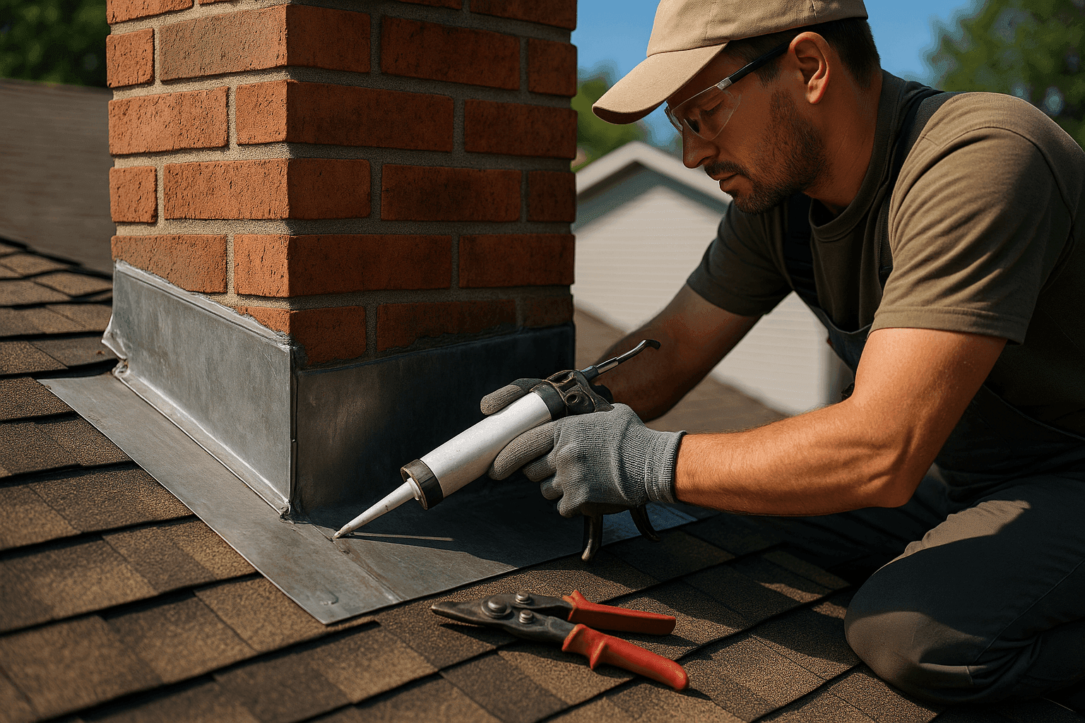 Roofer repairing metal roof flashing around chimney to prevent leaks